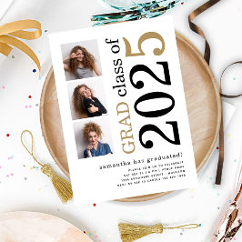 Convite Modern 3 fotos Black Dourado 2025 White Graduation