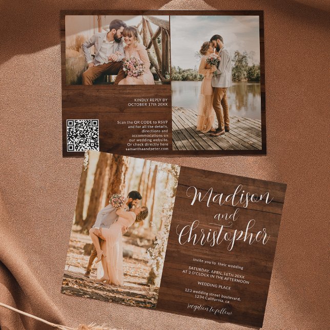 Convite Modern 3 photos names wood Qr wedding (Criador carregado)