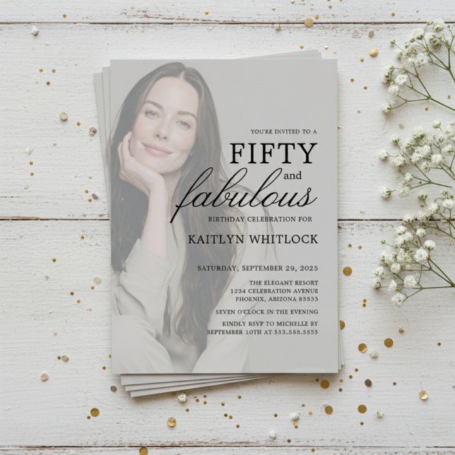 Convite Modern 50 and Fabulous 50th Birthday Party (modern elegant fifty and fabulous birthday party invitation with full photo overlay for 50th for her)