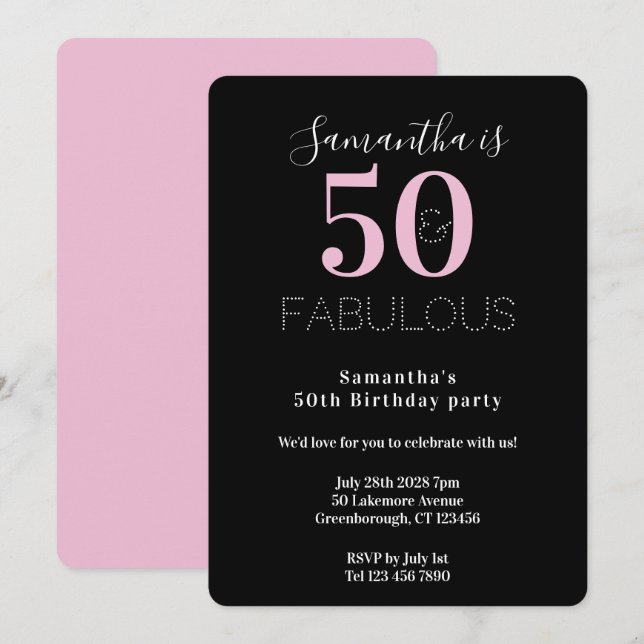 Convite Modern 50 Fabulous 50th Birthday Black Pink Party (Frente/Verso)