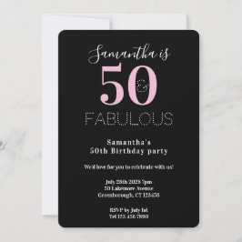 Convite Modern 50 Fabulous 50th Birthday Black Pink Party