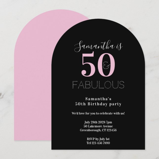 Convite Modern 50 Fabulous 50th Birthday Black Pink Party (Frente/Verso)