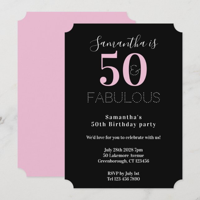 Convite Modern 50 Fabulous 50th Birthday Black Pink Party (Frente/Verso)