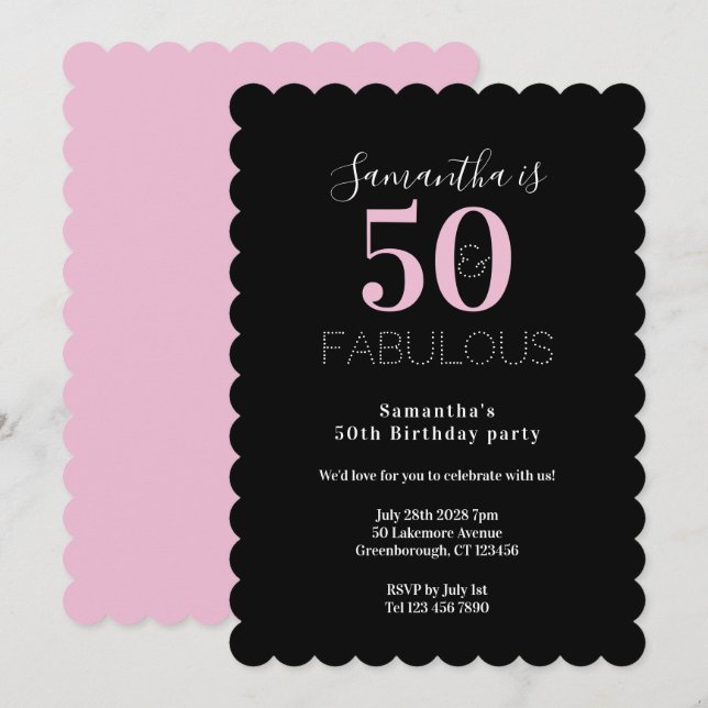 Convite Modern 50 Fabulous 50th Birthday Black Pink Party (Frente/Verso)
