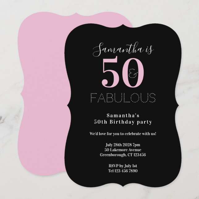Convite Modern 50 Fabulous 50th Birthday Black Pink Party (Frente/Verso)