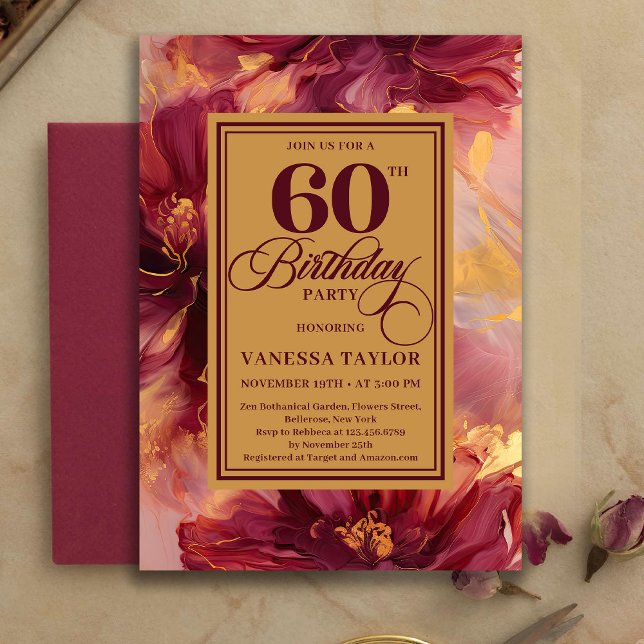 Convite Modern 60th Birthday Burgundy Blush Boho Gold (Modern 60th Birthday Burgundy Blush Boho Gold Invitation)