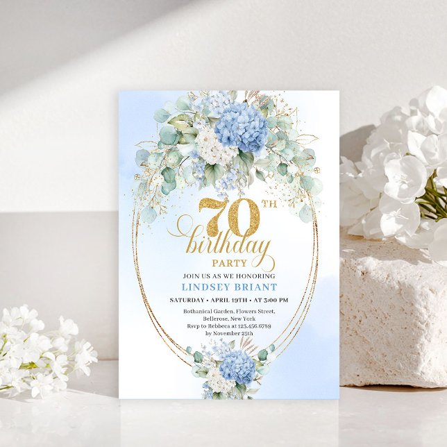 Convite Modern 70th Birthday Light Blue Hydrangea Invites (Modern 70th Birthday Light Blue Hydrangea Invitation)
