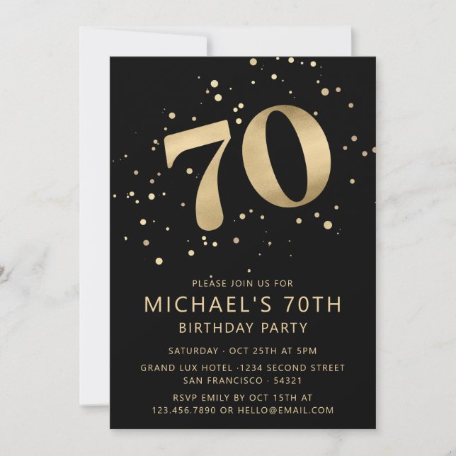 Convite Modern 70th Seventy Birthday Black and Gold (Frente)