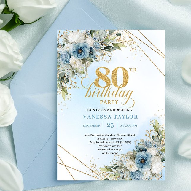Convite Modern 80th Birthday Invite Boho Dusty Blue Floral (Modern 80th Birthday Invite Boho Dusty Blue Florals)