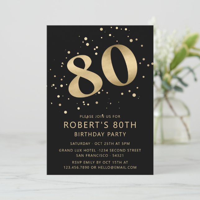 Convite Modern 80th Eighty Birthday Photo Gold Glitter (Em pé/Frente)