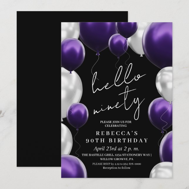 Convite Modern 90th Birthday Black Silver Purple Balloons  (Frente/Verso)