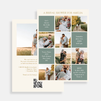 Convite Modern 9 Photo Collage Sage Green Bridal Shower