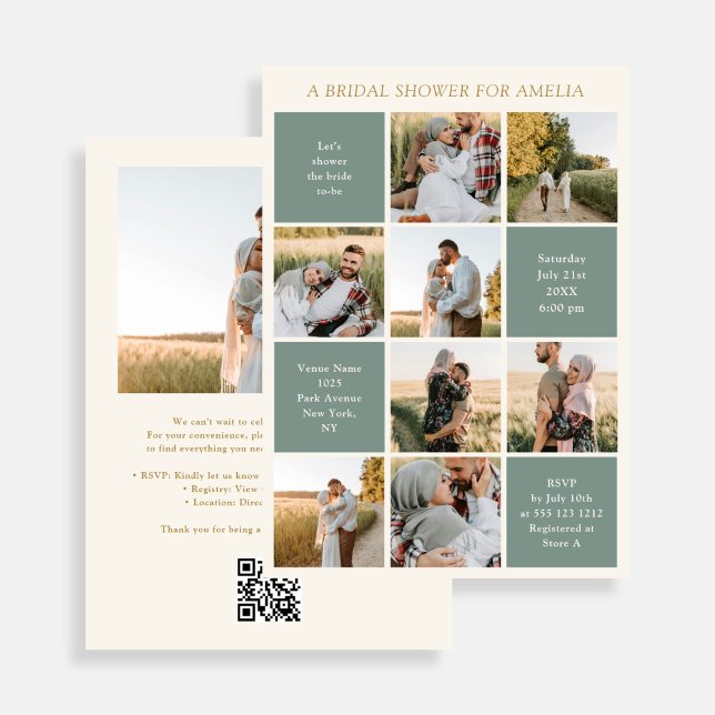 Convite Modern 9 Photo Collage Sage Green Bridal Shower (Criador carregado)