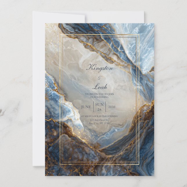 Convite Modern Abstract Navy Bronze Gilded Marble Wedding (Frente)