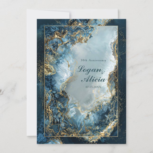 Convite Modern Abstract Navy Indigo Gilded Marble Wedding (Frente)