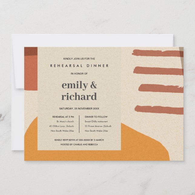 CONVITE MODERN ABSTRACT RUST YELLOW ART REHEARSAL DINNER (Frente)
