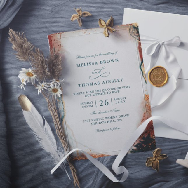 Convite Modern Abstract Teal Foil Budget QR Code Wedding (Criador carregado)