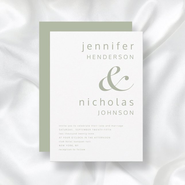 Convite Modern Ampersand Typografia Sage Green Wedding (Front / Modern Ampersand Typography Sage Green Wedding Invitation)