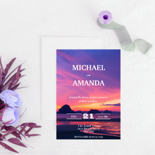 Convite Modern and Elegant Beach Sunset Wedding Invitation