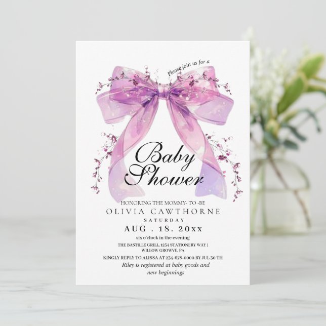 Convite Modern and elegant Pink Bow Baby Shower (Em pé/Frente)