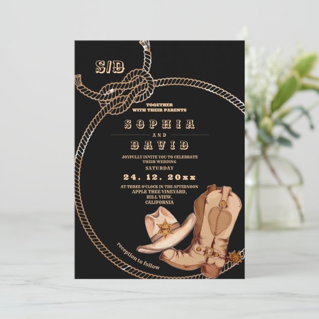 Convite Modern and Minimal Western Cowboy Boots Wedding  (Em pé/Frente)