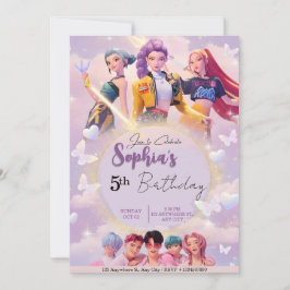 Convite Modern Anime Girl Squad Neon Purple Birthday 