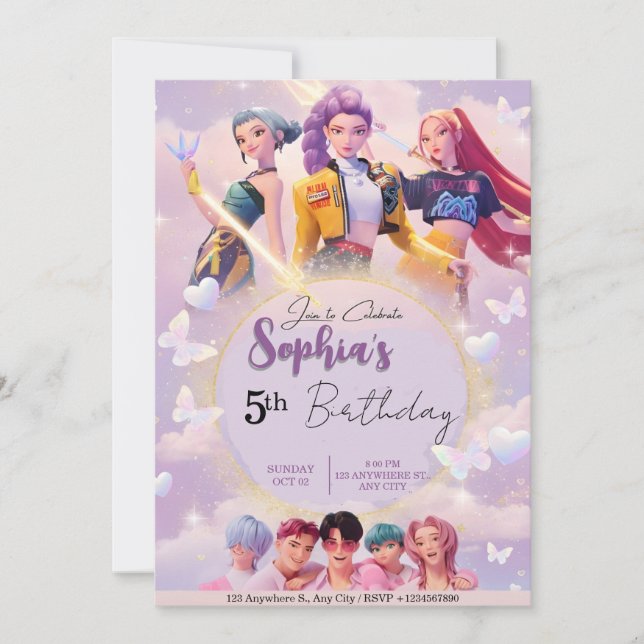 Convite Modern Anime Girl Squad Neon Purple Birthday  (Frente)