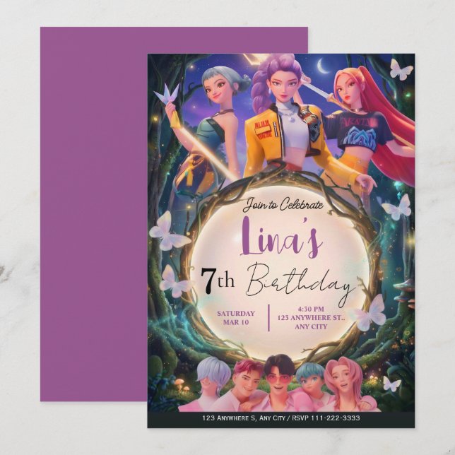 Convite Modern Anime Girl Squad Neon Purple Birthday (Frente/Verso)