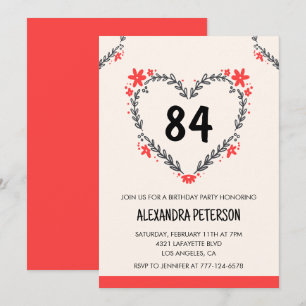 Convite Modern Any age Floral Heart por seu 84º aniversári