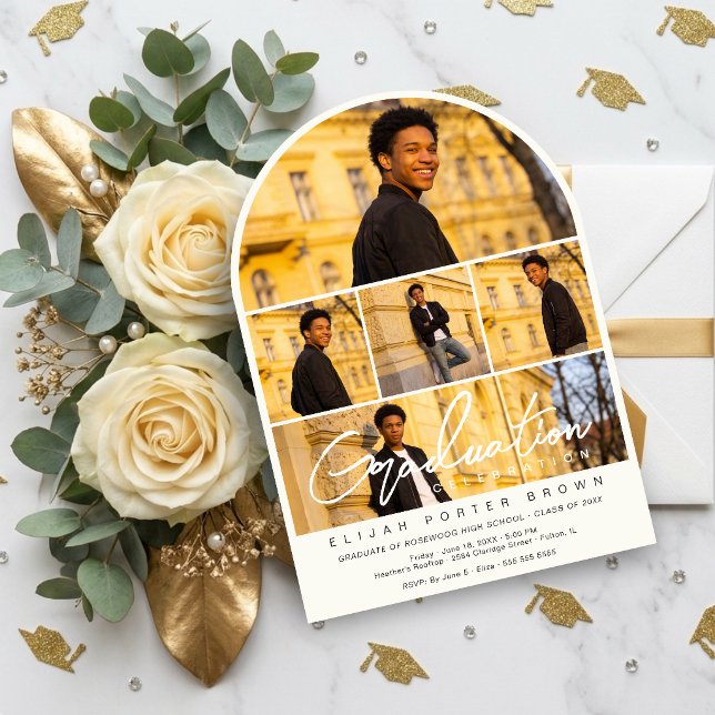 Convite Modern Arch Multi Photo Collage Graduate TMF26 (Modern Arch Multi Photo Graduate Celebration Invitation with Stylish Five Photo Collage Layout.)