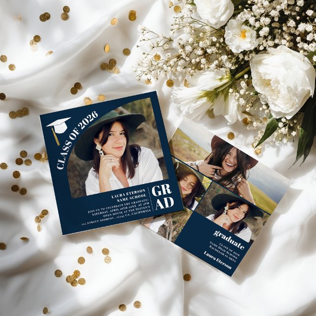 Convite Modern arch navy blue 5 photos graduation (Modern arch navy blue 5 photos graduation invitation)