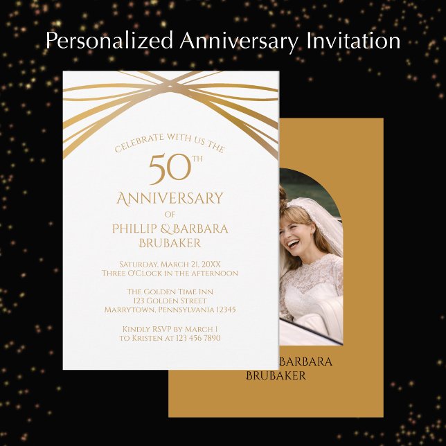 Convite Modern Arch Photo Golden 50th Anniversary Party (Personalize these elegant arch photo Golden 50th wedding anniversary invitations.
)