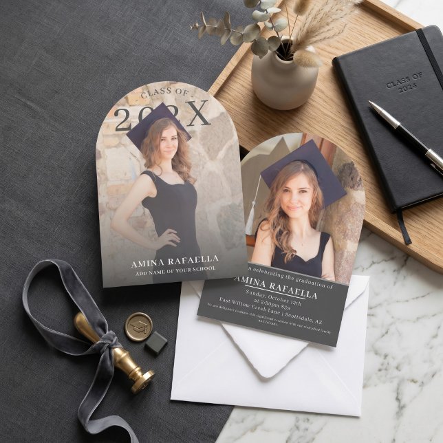 Convite Modern Arch Photo Minimalist Graduation | PhotoPop (Modern Arch Photo Minimalist Graduation Party Invitation Editable Template
)