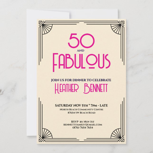 Convite Modern Art Deco 50 and Fabulous Birthday  (Frente)