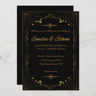 Convite Modern Art Deco Black and Gold Wedding Invitation