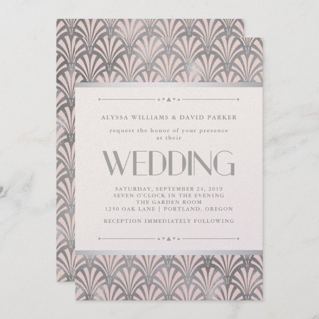 Convite Modern Art Deco | Blush e Faux Silver Weds (Frente/Verso)