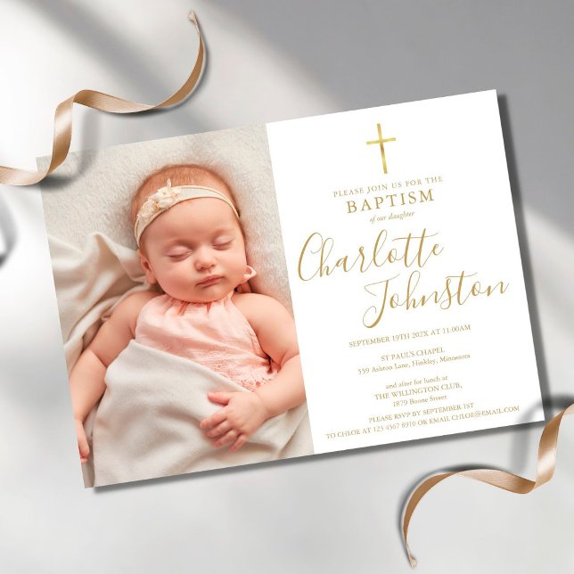 Convite Modern Baptism Christening Golden Script Photo (Criador carregado)
