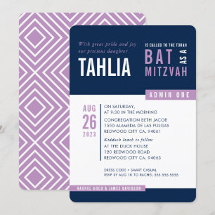 Convite MODERN BAT MITZVAH bloco marinho azul roxo