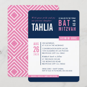 Convite MODERN BAT MITZVAH marinho branco-rosado