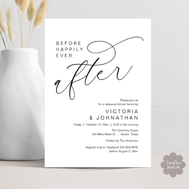 Convite Modern Before Happily Ever After Rehearsal Dinner (Modern Before Happily Ever After Romantic Rehearsal Dinner Invites Card PDF Aesthetic White Black)
