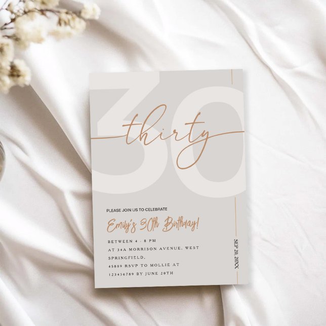 Convite Modern Beige & Gold 30th Birthday Invitation (Criador carregado)