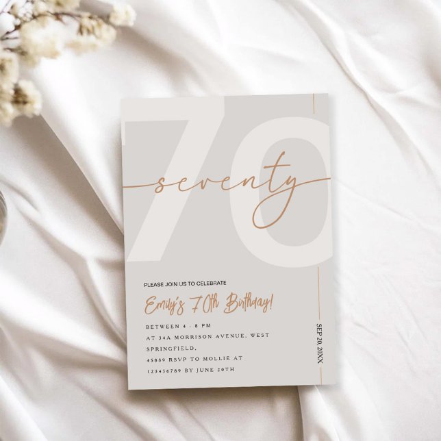 Convite Modern Beige & Gold 70th Birthday Invitation (Criador carregado)