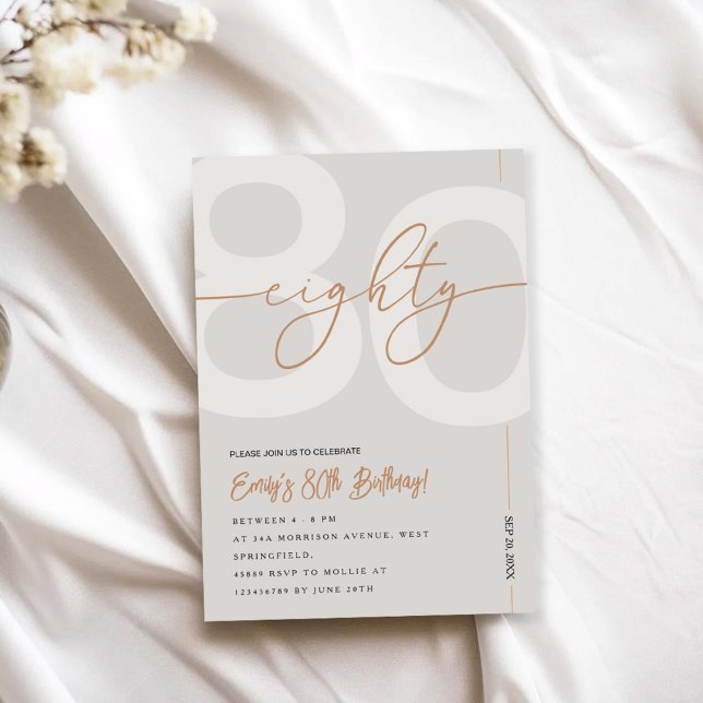 Convite Modern Beige & Gold 80th Birthday Invitation (Criador carregado)