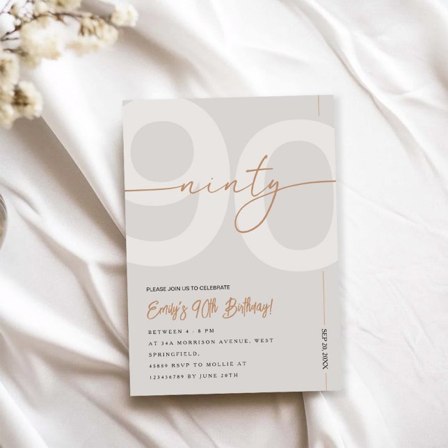 Convite Modern Beige & Gold 90th Birthday Invitation (Criador carregado)