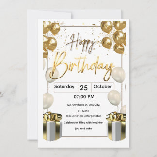 Convite Modern Birthday Invitation Card with Golden Balloo