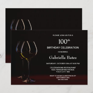 Convite Modern Black 100th Birthday Wine Glass Party