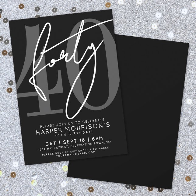 Convite Modern Black 40th Birthday Party Invitation (Modern Black 40th Birthday Party Invitation)