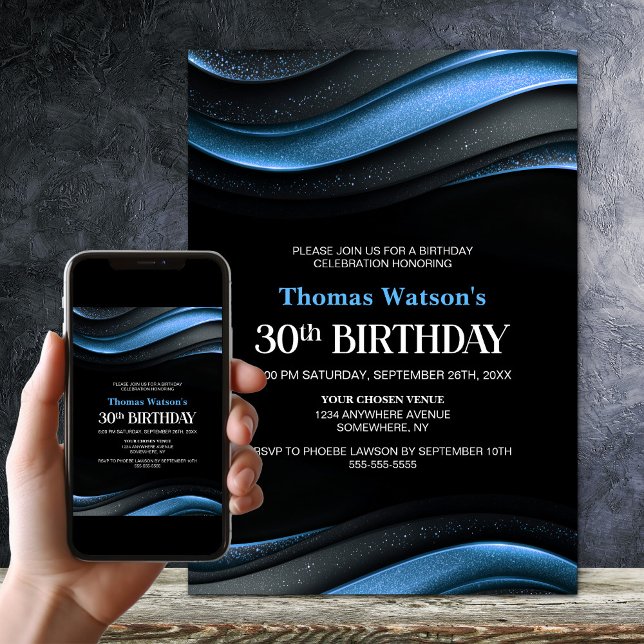 Convite Modern Black and Blue 30th Birthday Party (Criador carregado)