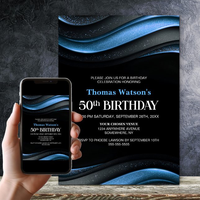 Convite Modern Black and Blue 50th Birthday Party (Criador carregado)