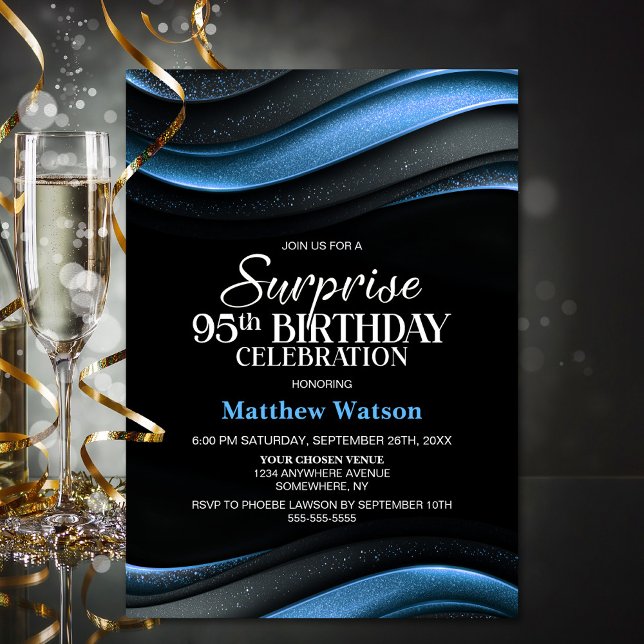 Convite Modern Black and Blue Surprise 95th Birthday Party (Criador carregado)